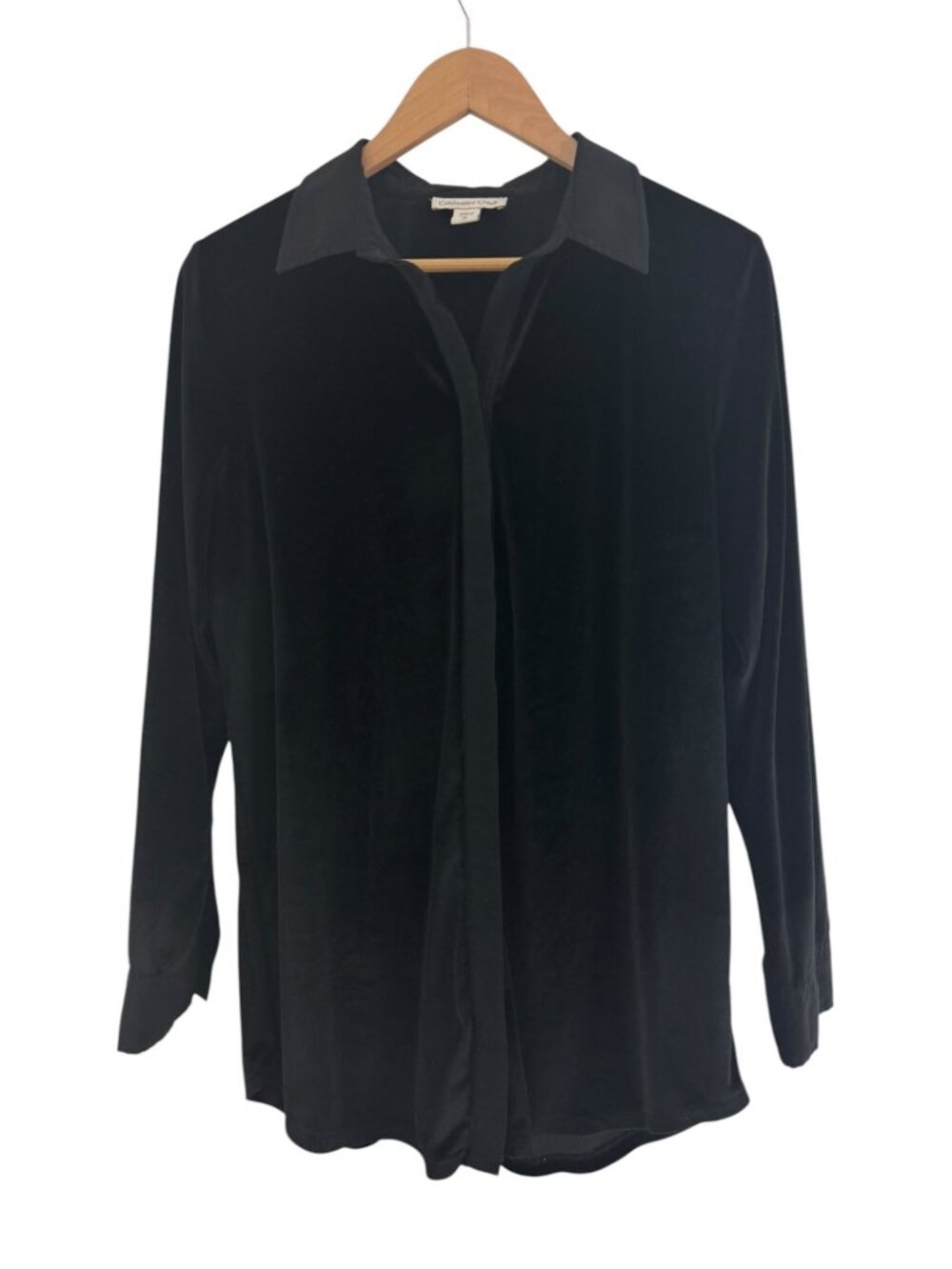 Coldwater Creek Black Velvet Velour Satin Top Shirt Blouse Size L/14 Long Sleeve